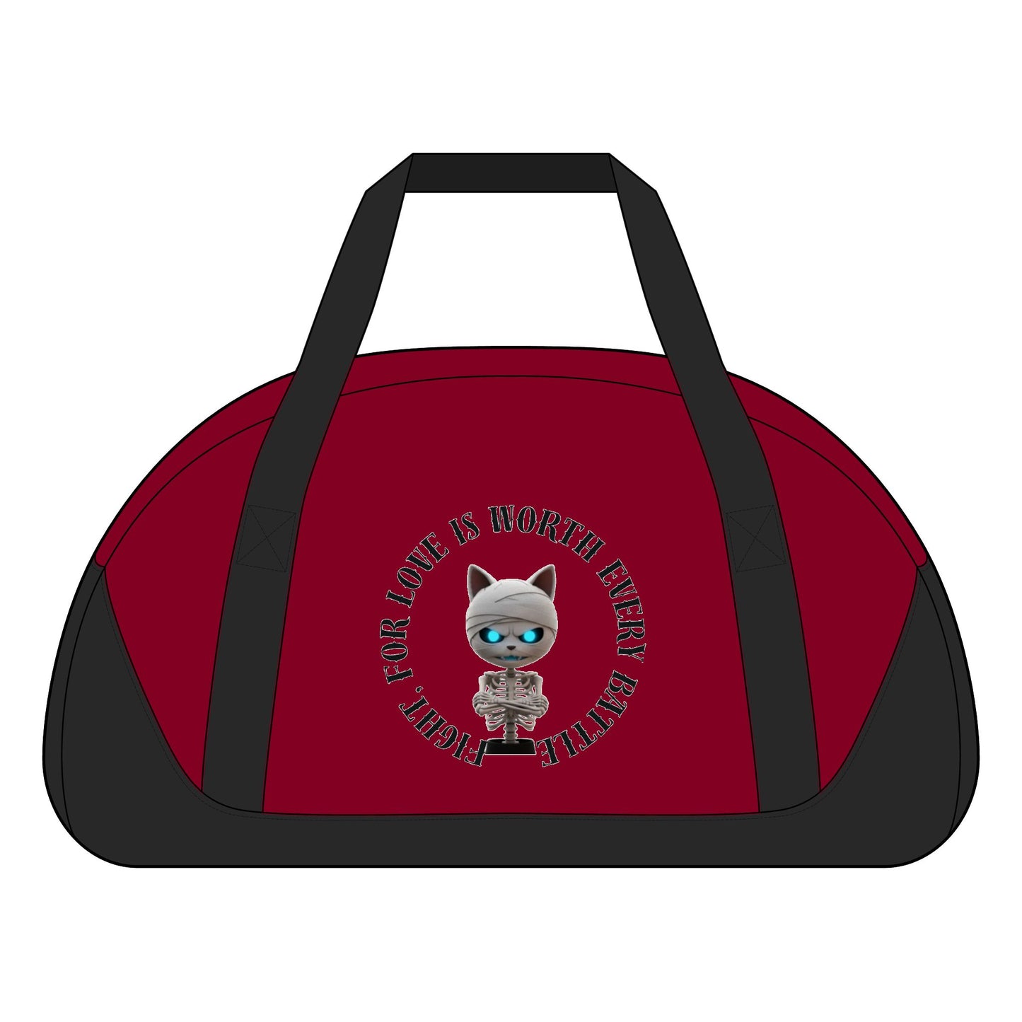 Cute Mummy Cat Skeleton Duffel Bag — "For Love Is Worth Every Battle"